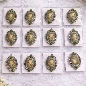 Resellers Lot of 12 Vintage Style Cameo Brooches with Green and Silver Accents